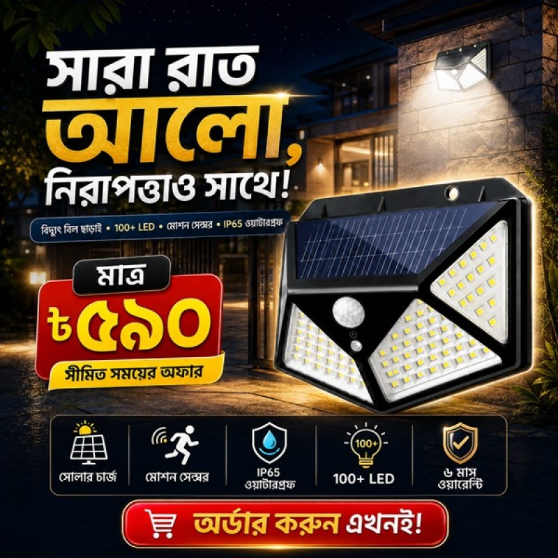 100 LED Solar Wall Light with PIR Motion Sensor | 4-Sided Outdoor Security Light_000984